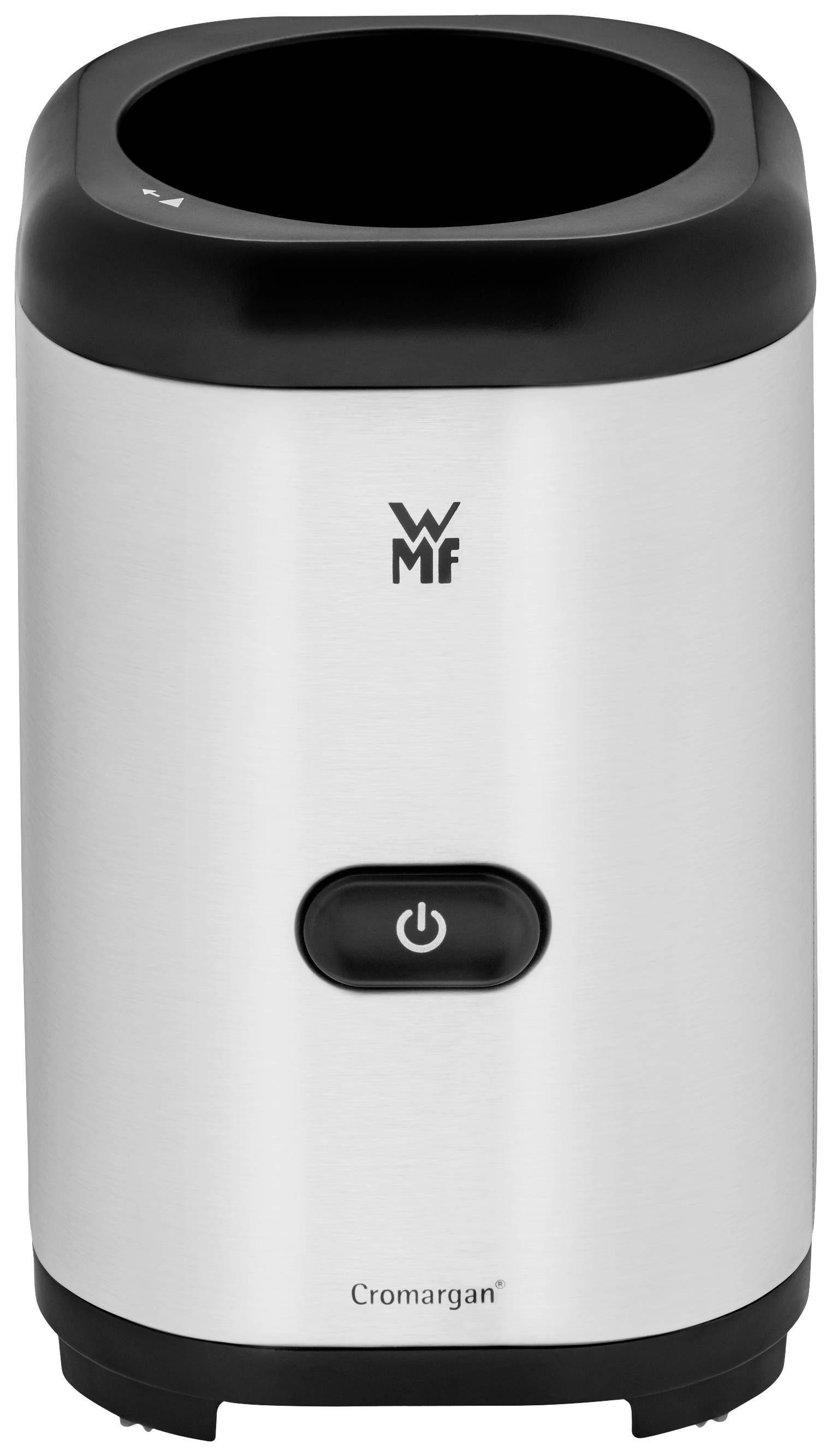 Silberner Wasserkocher mit schwarzem Deckel und einem Ein-/Ausschalter in der Mitte; markiert mit 'WMF' und 'Cromargan'.