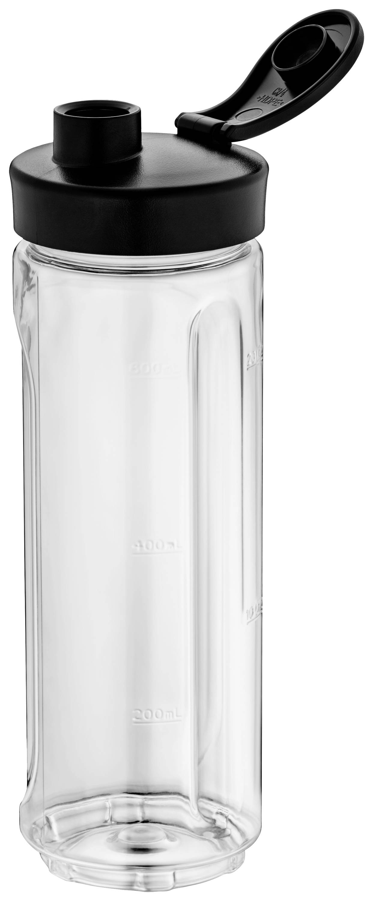 Transparente Trinkflasche mit schwarzem, klappbarem Deckel. Die Flasche hat Markierungen für Mengenmessung. Ideal für unterwegs.
