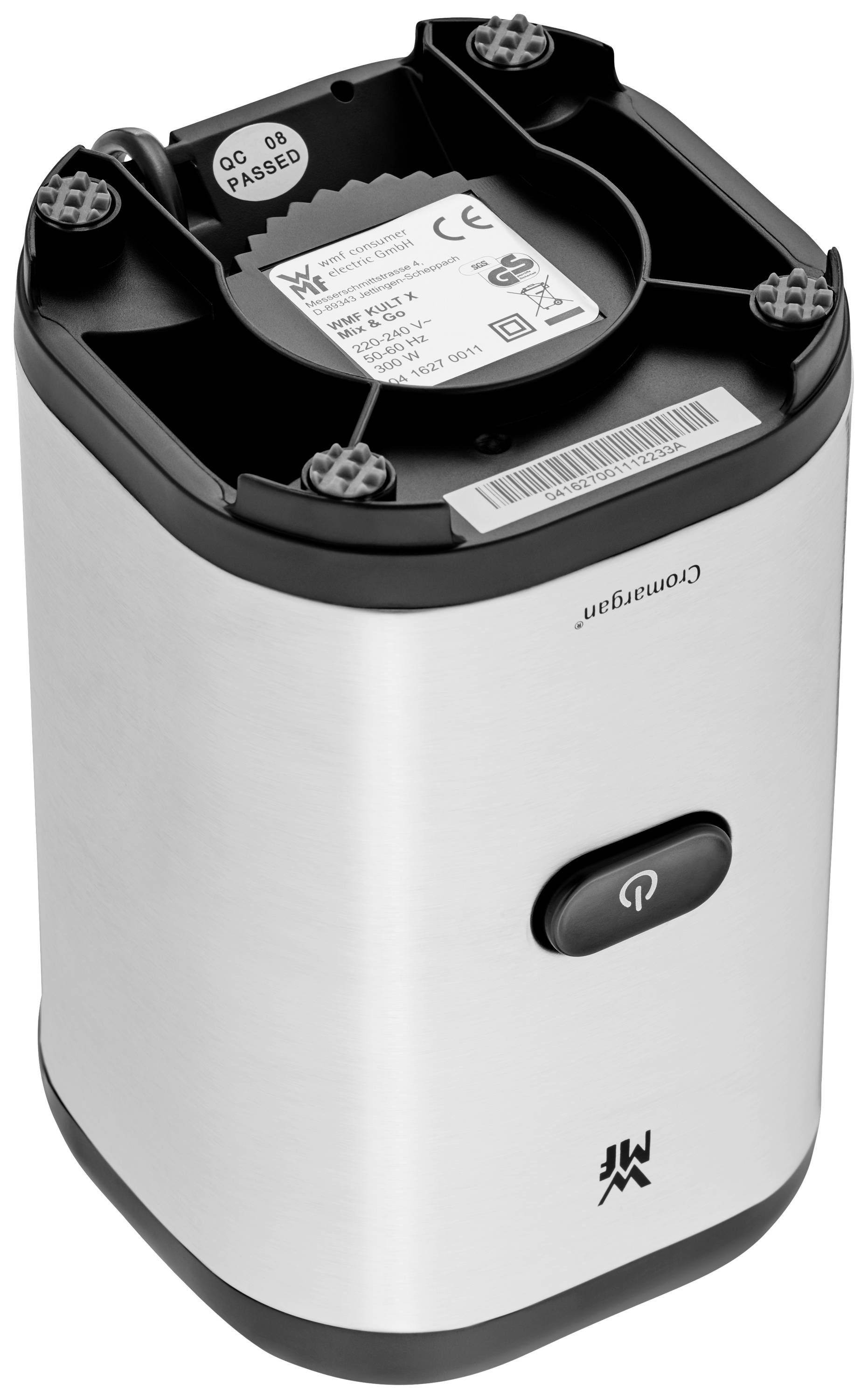 Elektrischer Gewürzmühlenmotor mit Edelstahlgehäuse, schwarzem Deckel und Ein-/Ausschalter; geeignet zum Mahlen von Gewürzen.
