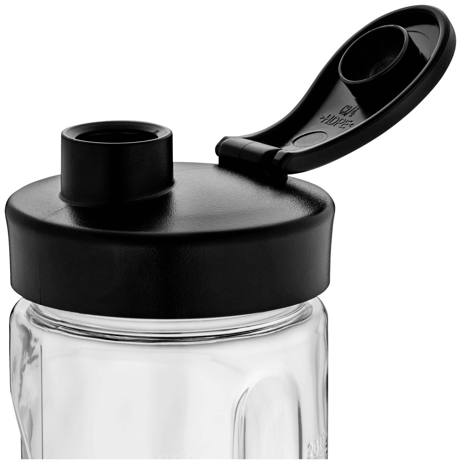 Ein klarer Plastik-Wasserflaschenverschluss mit einem schwarzen, offenen Deckel.