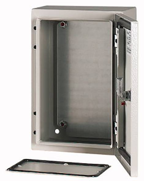 Metallene, offene Wandbox mit seitlich liegender Tür und abgenommenem Deckel. Geeignet zur Aufbewahrung oder Installation.