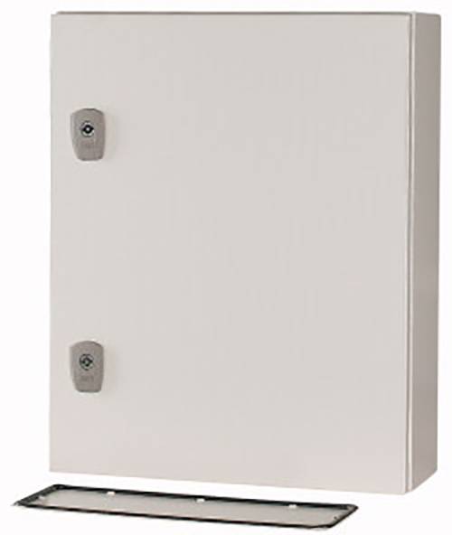 Ein rechteckiger, weißer Metallschrank mit zwei Schlössern. Geeignet für die Aufbewahrung von elektrischen Bauteilen oder Dokumenten.