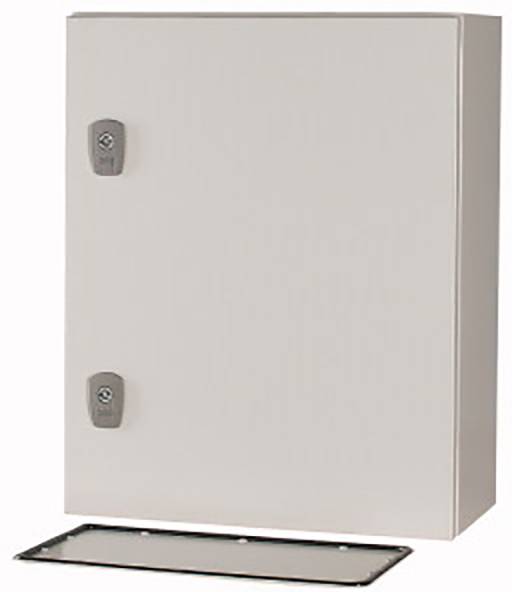 Ein verschlossener grauer Schaltschrank aus Metall, gezeigt mit entfernbarem Deckel, zur Sicherung elektrischer Komponenten.