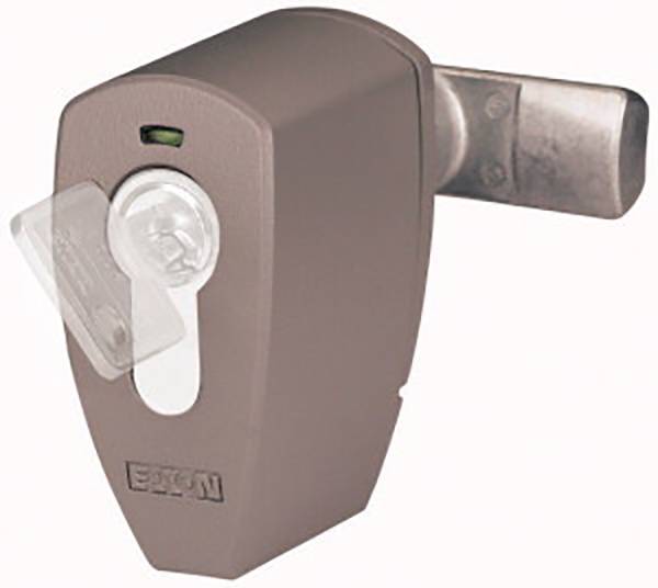 Ein braunes Sicherheitsschloss mit einem transparenten Kunststoffdetail, das abstehende Teil signalisiert den Verschlussmechanismus.