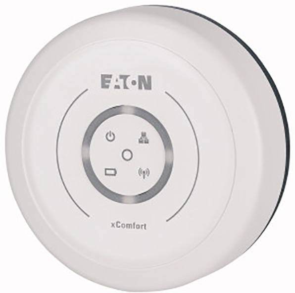 Runder weißer Raumcontroller mit Logoschriftzug 'EATON' und 'xComfort'. Symbole: Strom, Netzwerk und WLAN-Anzeige.