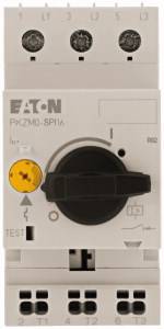 Ein Motor-Schutzschalter der Marke EATON, Modell PKZM0-SP16, mit Drehschalter und Testknopf, für industrielle elektrische Anwendungen.