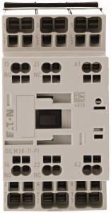 Ein elektromechanisches Relais mit mehreren Anschlüssen und Klemmen. Beschriftet mit 'Eaton' und Modellnummer 'DILM38-11-PJ'.