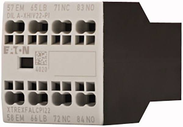 Terminalblock mit mehreren nummerierten Anschlüssen. Oben links steht 'EATON'. Enthält Buchstaben und Zahlen zur Identifikation.