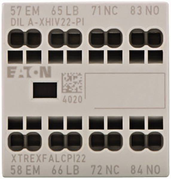 Ein viereckiger, beiger Adapter mit mehreren nummerierten Eingängen und einem QR-Code. Markenname 'EATON' und Modellnummer ersichtlich.