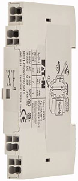 Ein weißer elektrischer Leitungsschutzschalter von der Seite, mit technischen Daten und Diagrammen auf der Oberfläche.