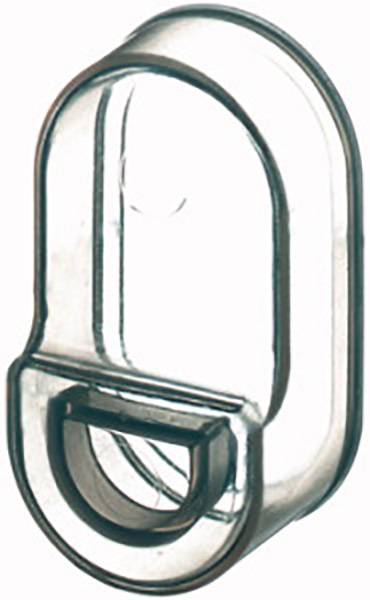 Eine transparente, gebogene Kunststoffklammer, die oft verwendet wird, um Gegenstände wie Schnüre oder Kabel festzuhalten.