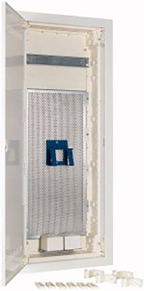Geöffneter elektrischer Schaltschrank mit sichtbaren Montagegitter und blauen Halterungen, umgeben von einem weißen Rahmen.