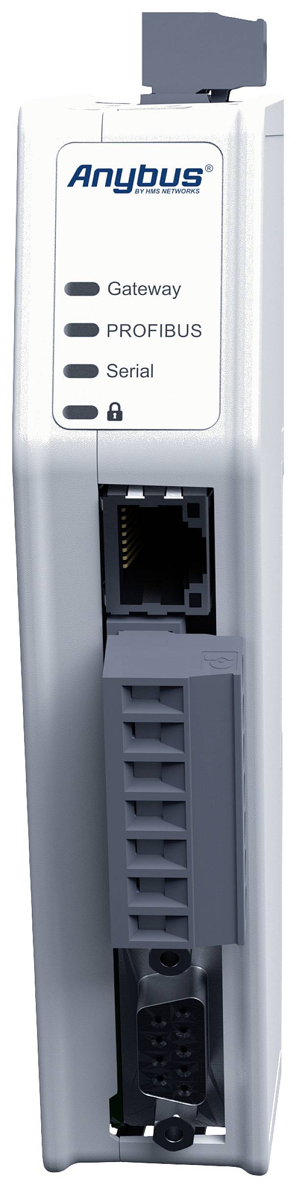 Ein Anybus Gateway mit Anschlüssen für PROFIBUS und serielle Kommunikation. Designed für industrielle Netzwerkanbindung.