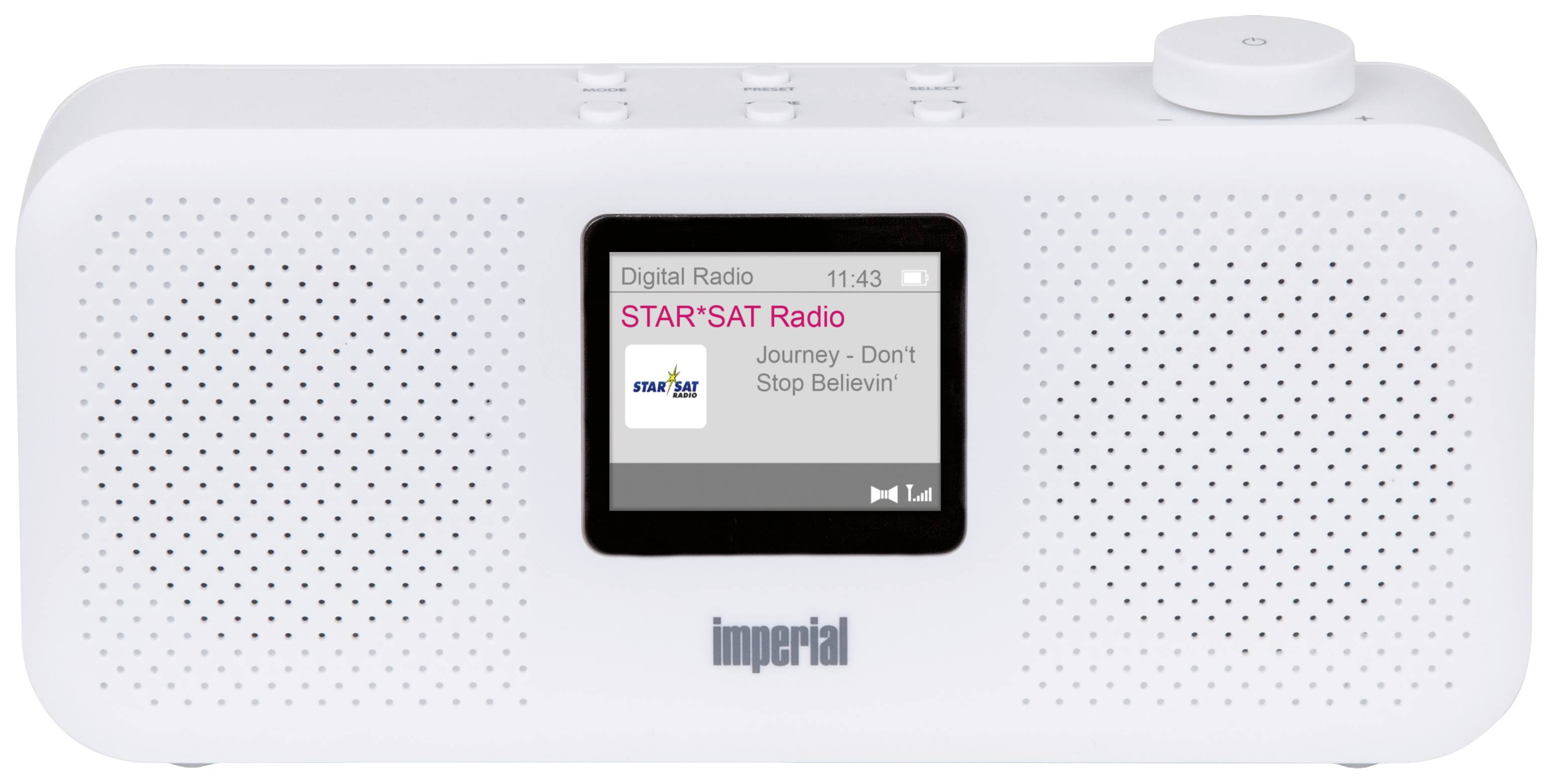 Ein weißes Digitalradio zeigt auf dem Display 'STAR*SAT Radio' und den Titel 'Journey - Don't Stop Believin''.