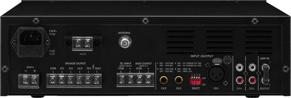 Rückseite eines Audioverstärkers mit verschiedenen Anschlüssen, darunter Lautsprecherausgänge, AUX, XLR-Eingang und Spannungseinstellungen.