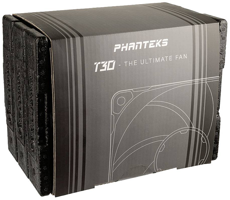 Schwarze Produktverpackung mit der Aufschrift 'Phanteks T30 - The Ultimate Fan' in weißer Schrift auf grauem Hintergrund.