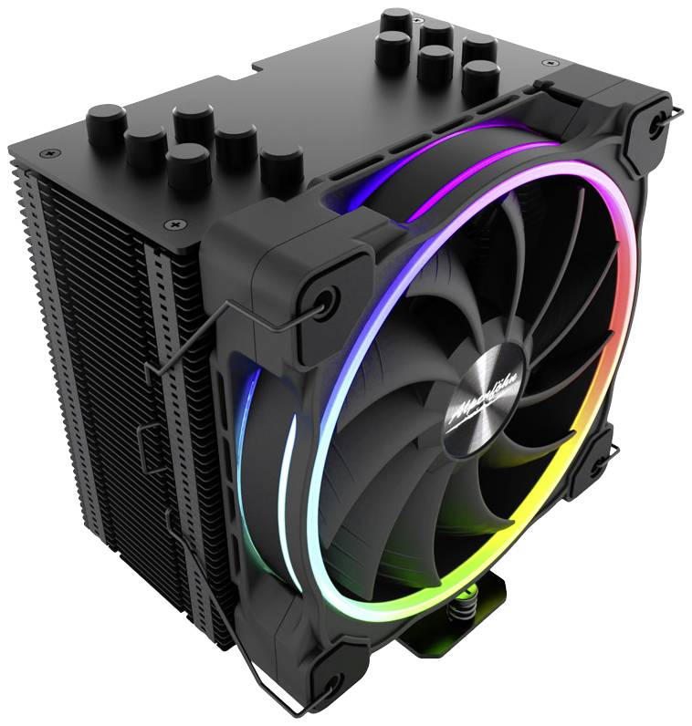 Schwarzer CPU-Kühler mit großem Lüfter, beleuchtet mit RGB-LEDs. Der Kühler hat mehrere Kühlrippen und ist für Computergehäuse geeignet.
