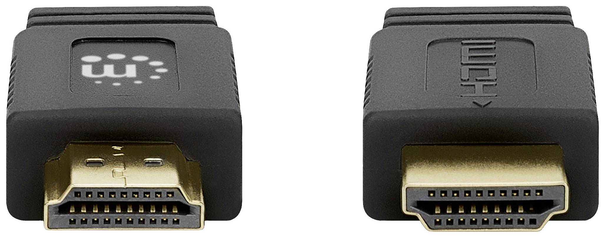 Zwei schwarze HDMI-Steckverbinder nebeneinander; linke mit 'm'-Logo, rechte mit 'HDMI'-Prägung.