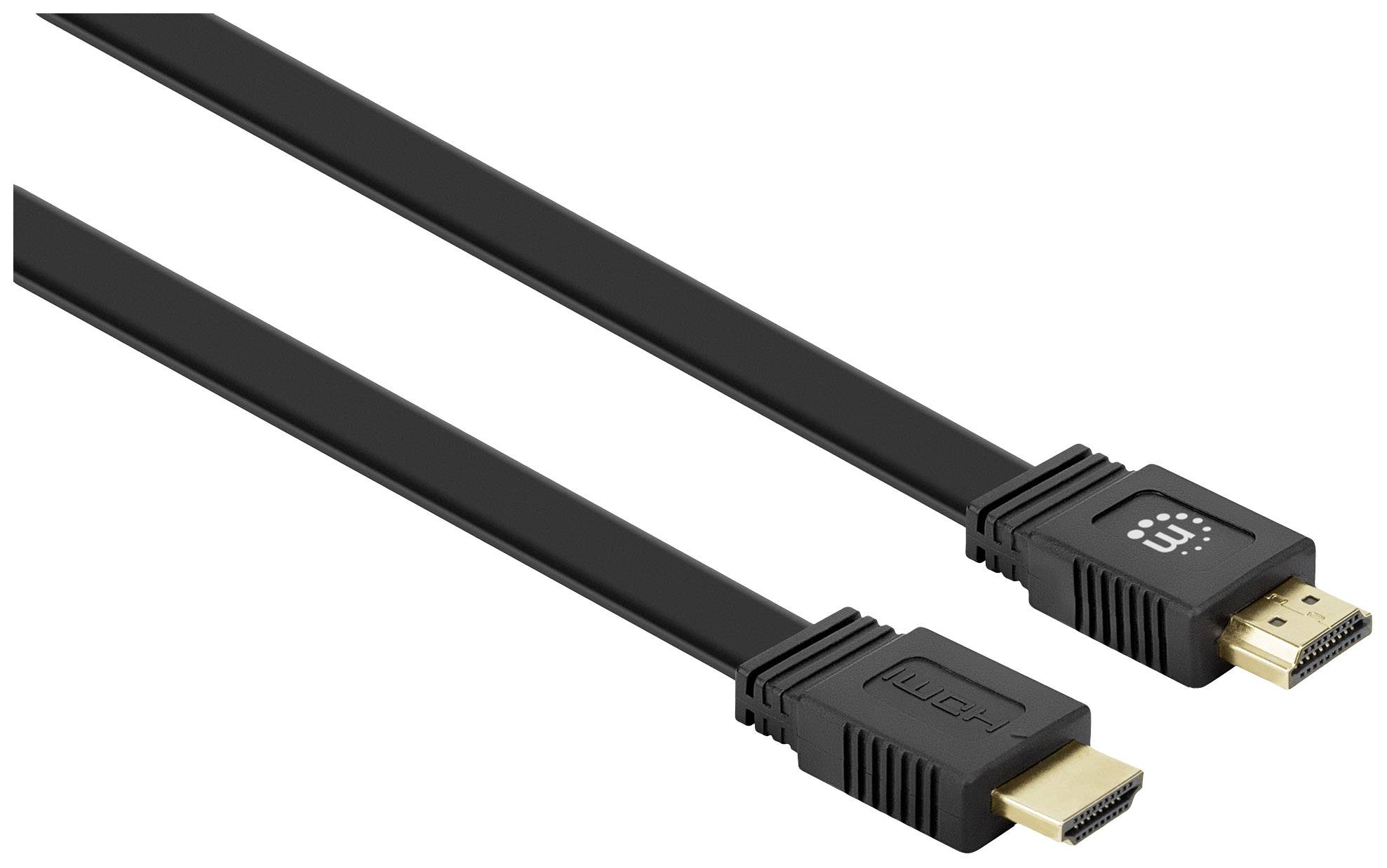 Ein schwarzes HDMI-Kabel mit flachem Design und goldenen Anschlüssen an beiden Enden. Geeignet für Audio- und Videoverbindungen.