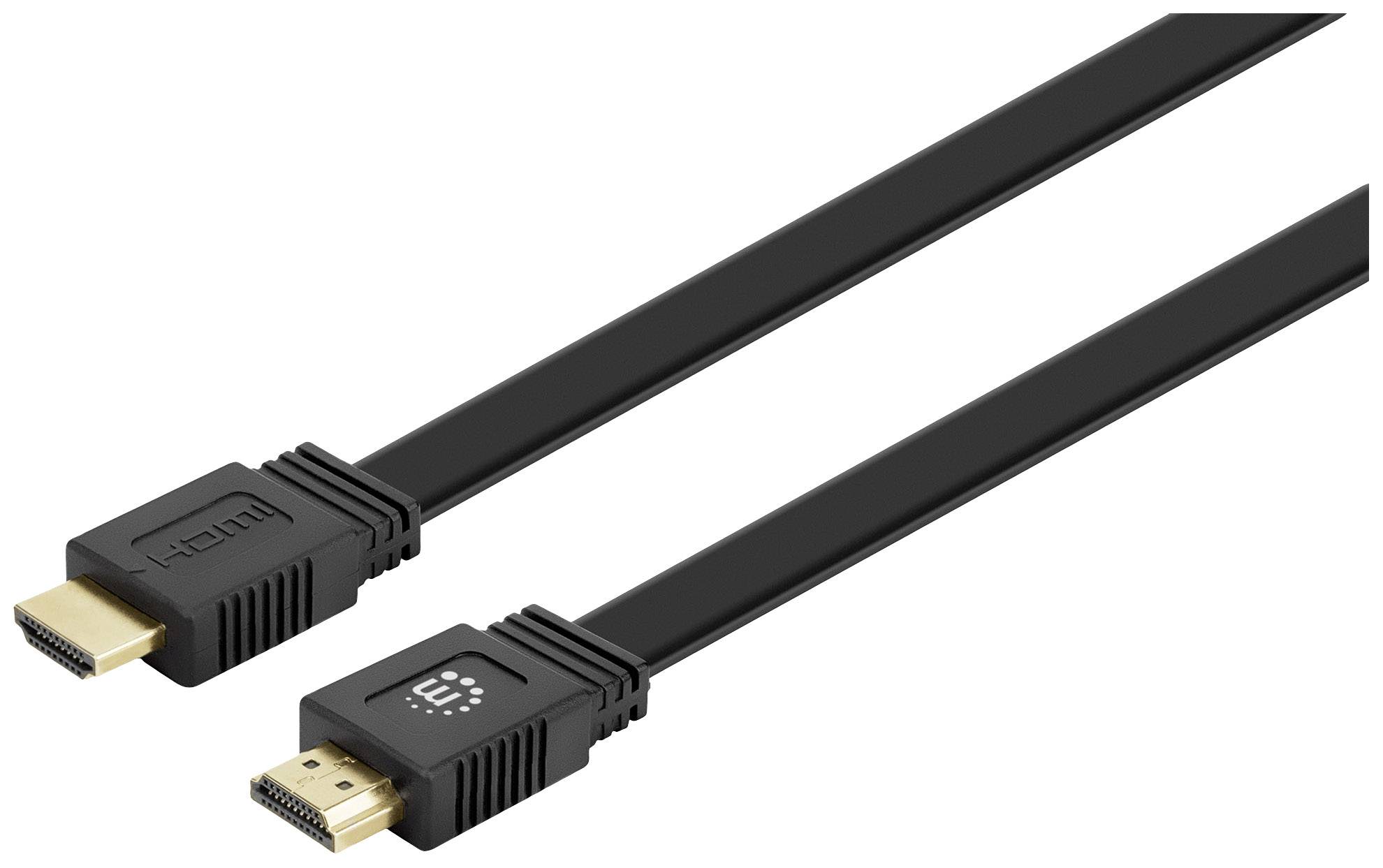 Ein schwarzes HDMI-Kabel mit goldfarbenen Anschlüssen auf weißem Hintergrund, geeignet für die Verbindung von Audio- und Videoquellen.