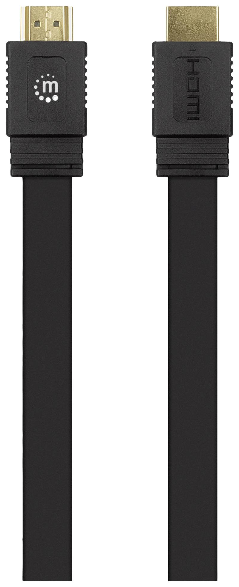 Flaches schwarzes HDMI-Kabel mit goldenen Anschlüssen und der Aufschrift 'HDMI' auf einem der Stecker.