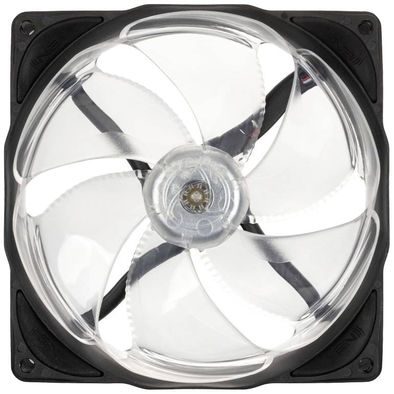 Ein transparenter Kühler-Lüfter mit fünf Blättern vor einem schwarzen Rahmen.