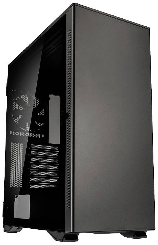 Schwarzes Computergehäuse mit klarer Seitenwand und Lüftungsöffnungen, ideal zur Präsentation von PC-Komponenten.