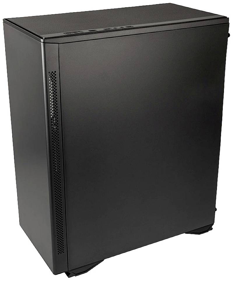 Schwarzes Computergehäuse mit schlichtem Design, ohne sichtbare Marken- oder Funktionsmerkmale, steht aufrecht auf dem Boden.