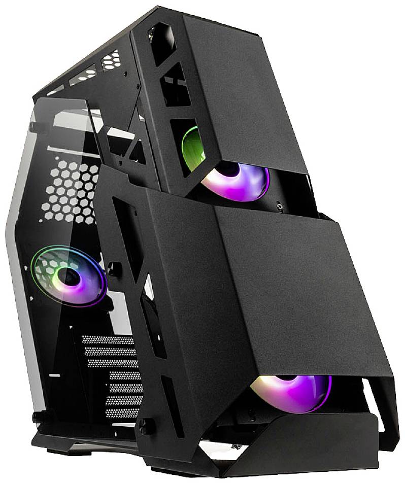 Ein futuristisch gestalteter Computergehäuse mit zwei sichtbaren LED-Lüftern, die in wechselnden Farben leuchten.
