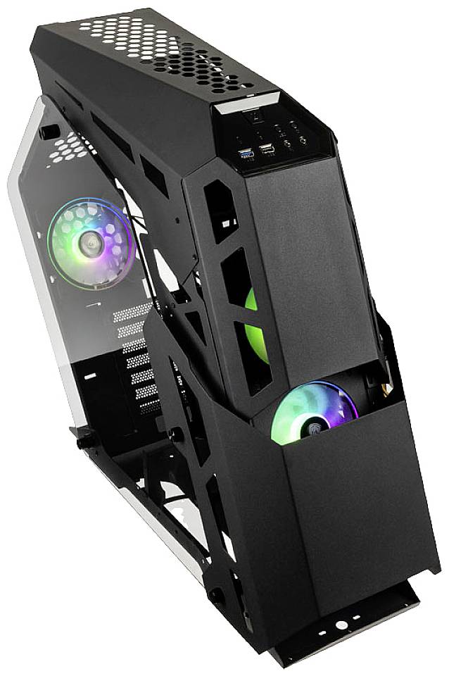 Ein futuristisches Computergehäuse in Schwarz mit sichtbaren, beleuchteten Lüftern und offenen Seiten, die das Innere zeigen.