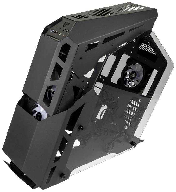 Computertower mit offenem Design, schwarzes Gehäuse mit transparentem Seitenteil, Ventilatoren sichtbar, schräge Struktur.