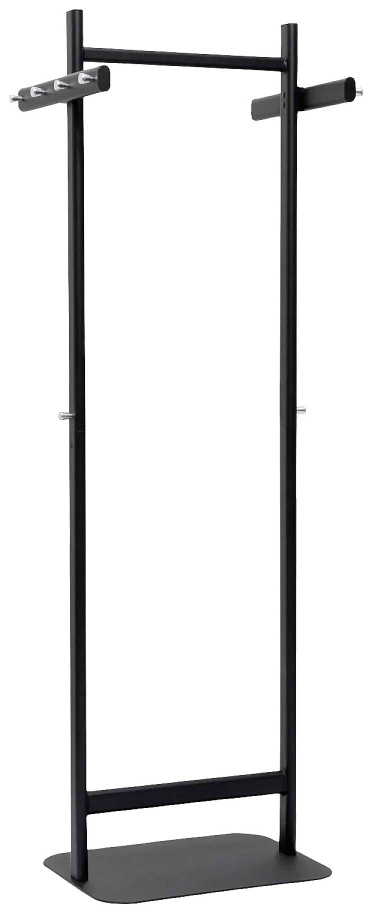Ein schwarzer Kleiderständer mit mehreren Haken oben und einem stabilen Standfuß. Ideal für Büros oder Flure.