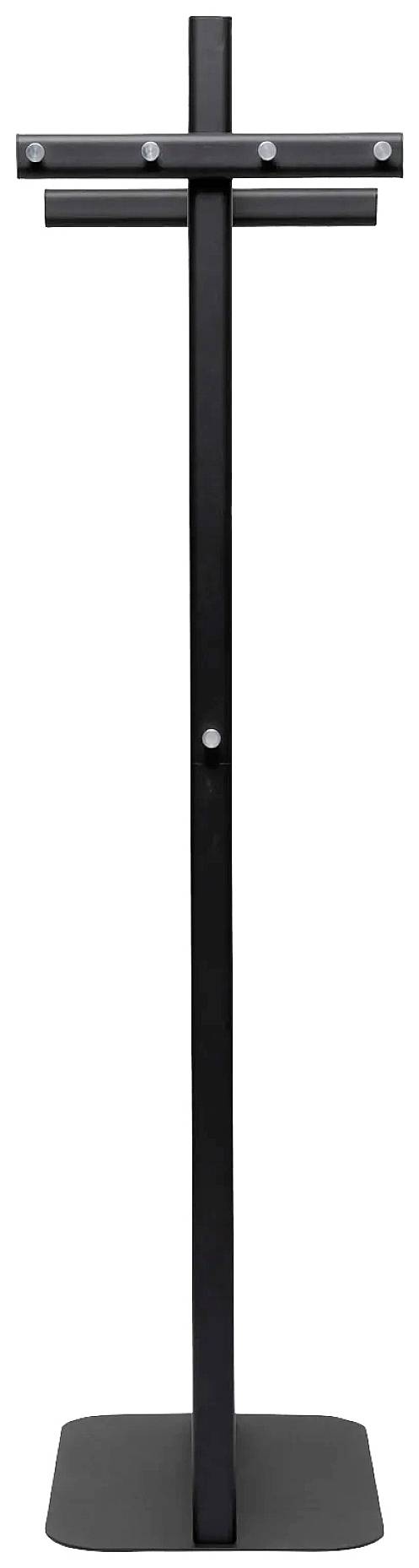 Ein schlanker, schwarzer Ständer aus Metall mit einem T-förmigen Aufsatz, möglicherweise für die Präsentation oder Aufhängung geeignet.