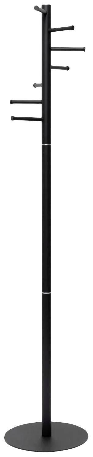 Schwarzer, schlanker Garderobenständer mit sechs unterschiedlich langen horizontalen Haken zur Aufhängung.