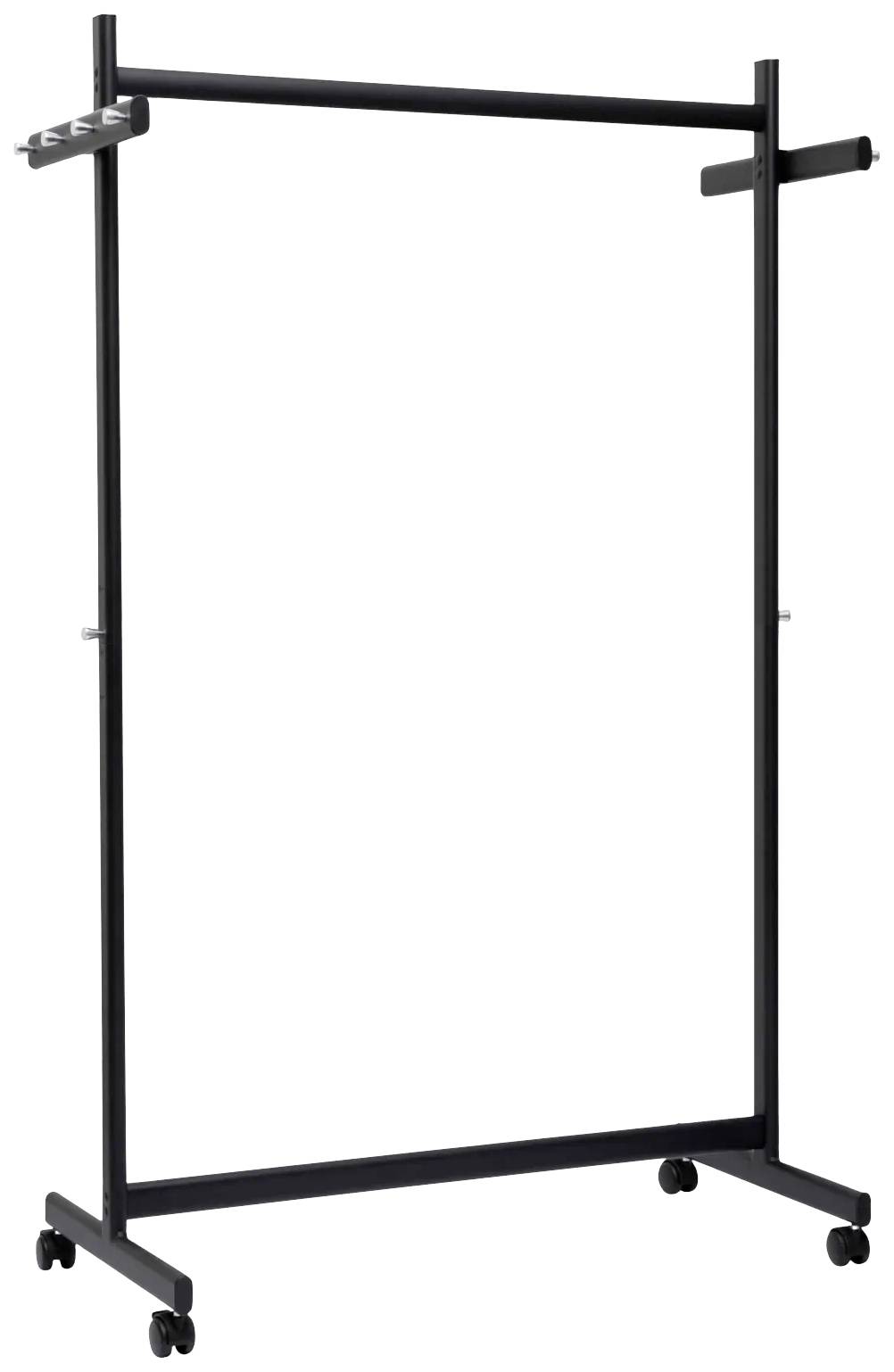 Ein schwarzer, fahrbarer Kleiderständer mit einer Stange und vier Rollen. Ideal zum Aufhängen von Kleidung und leicht bewegbar.