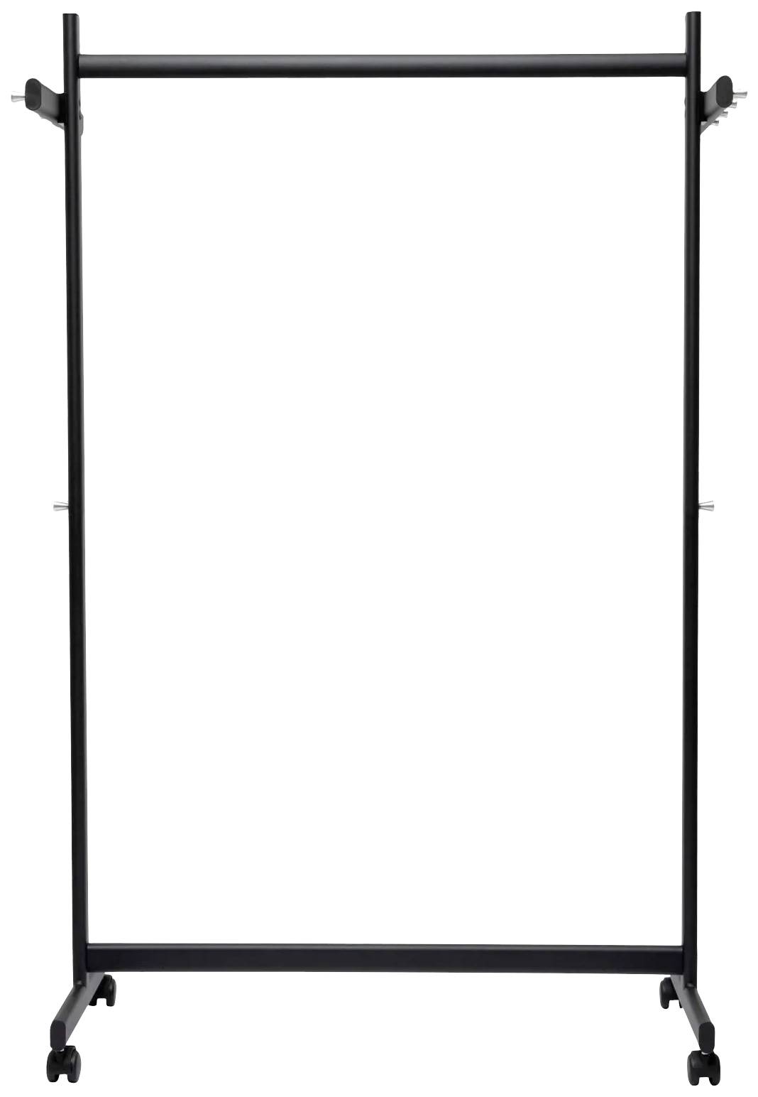 Ein schwarzer Kleiderständer auf Rollen ohne Kleidungsstücke, geeignet für das Aufhängen von Kleidung.