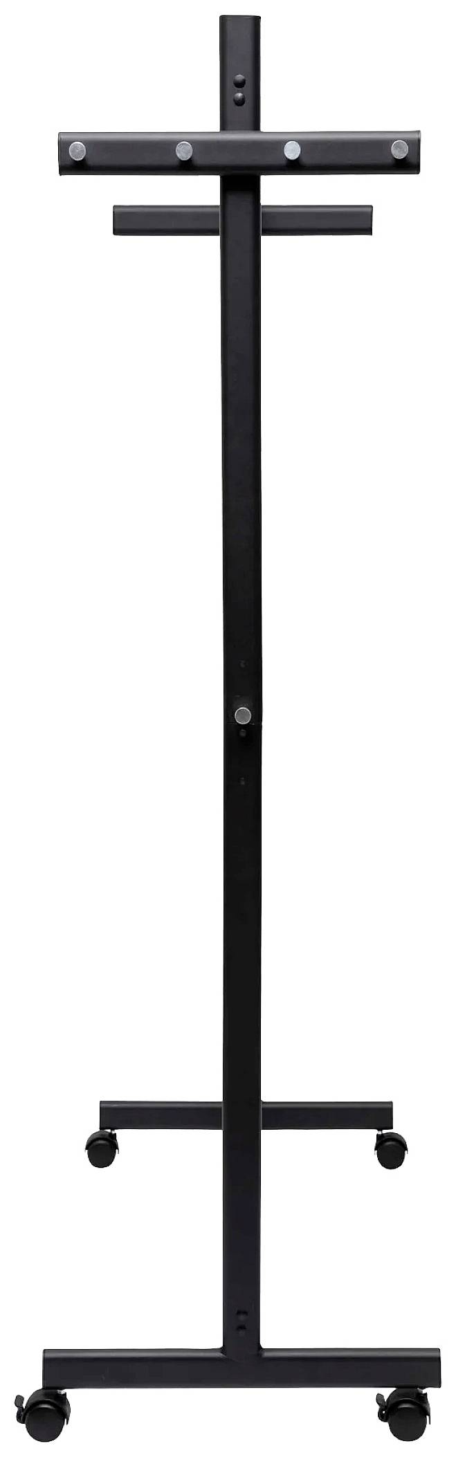 Ein schwarzer, mobiler Staffelei-Ständer mit vier Rädern, geeignet für das Aufhängen von Leinwänden oder Tafeln.