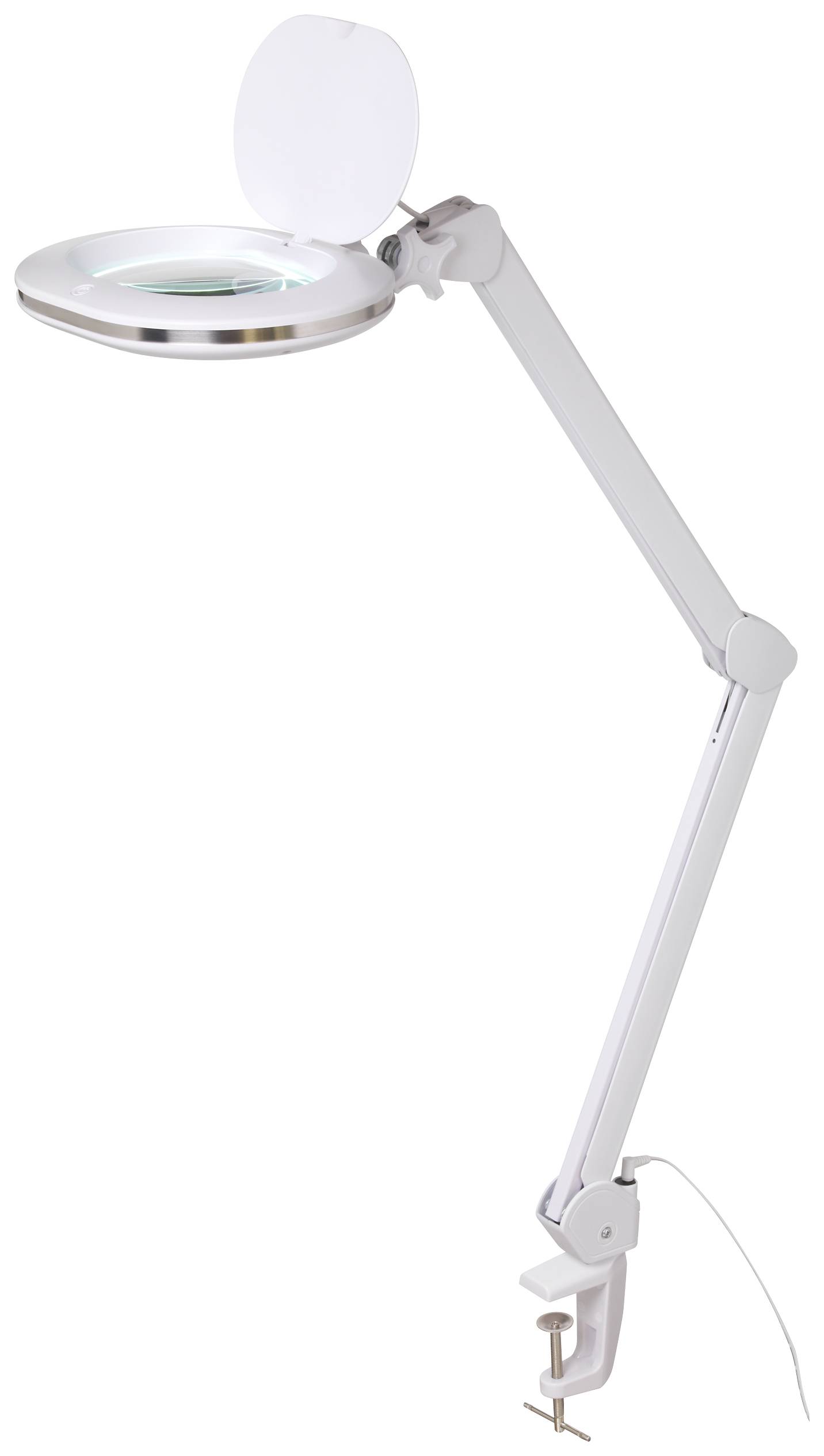 Weiße Schreibtischlampe mit verstellbarem Arm und runder Leuchtfläche, befestigt an einer Tischkante. Ideal für präzise Arbeiten.