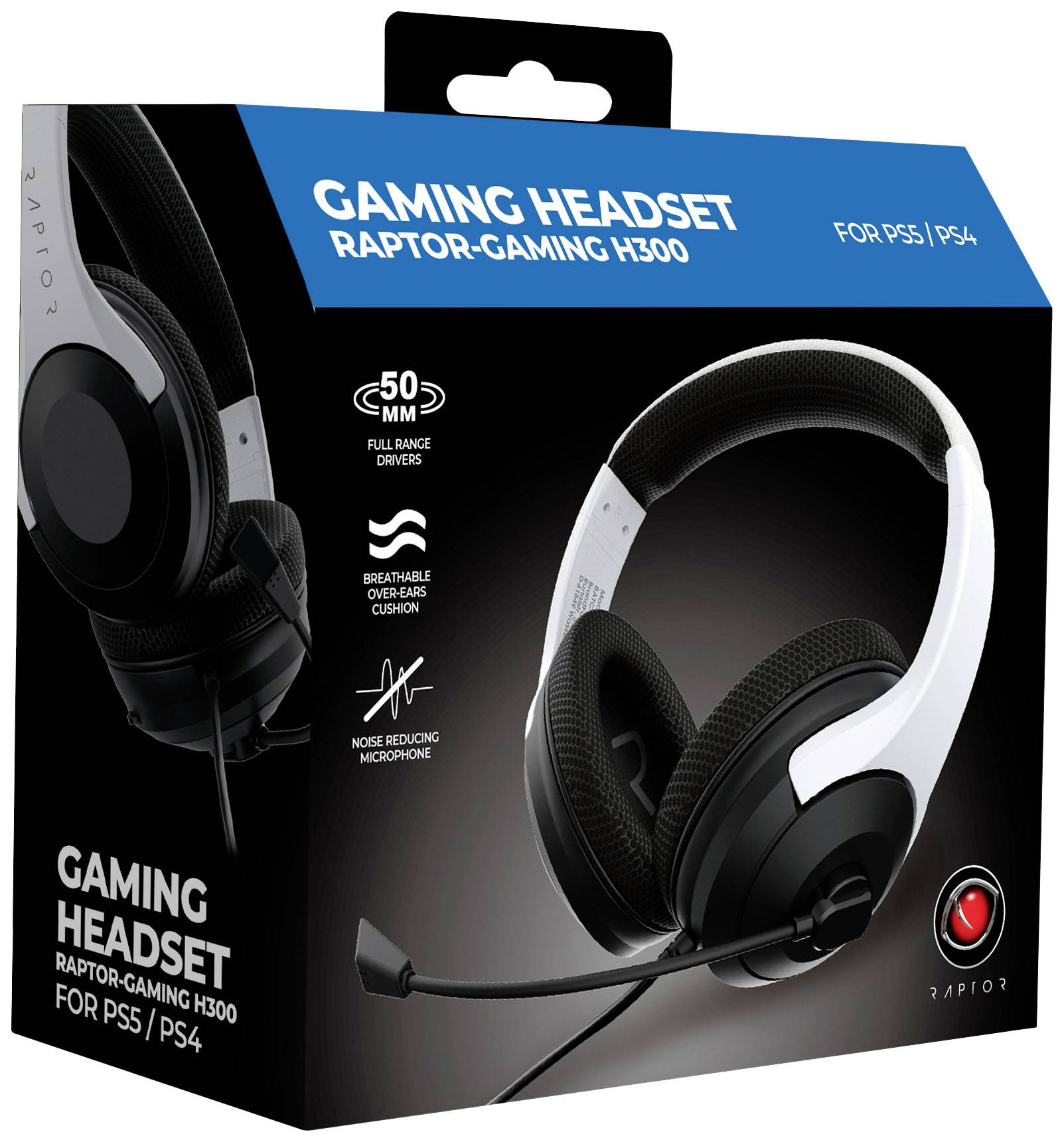 Raptor Gaming H300 Over Ear Headset kabelgebunden Stereo Weiß Lautstärkeregelung, Mikrofon-Stummschaltung Gaming