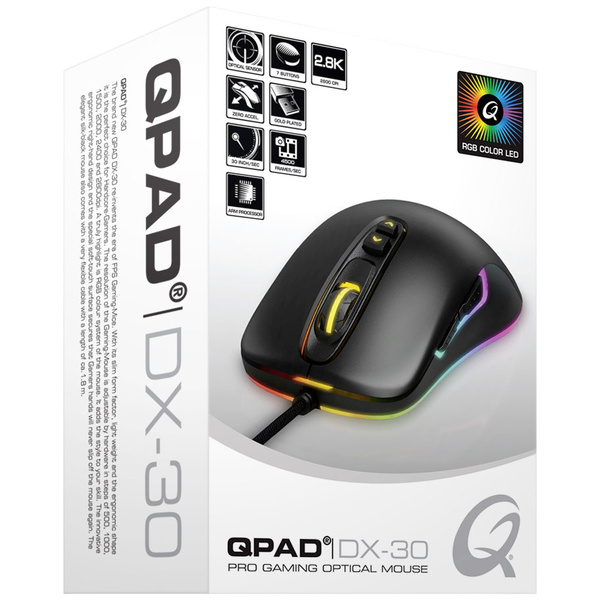 QPAD DX30 Souris de gaming USB optique noir, RVB 7 Boutons 500 dpi, 1000 dpi, 1500 dpi, 2000 dpi, 2400 dpi, 2800 dpi éclairé