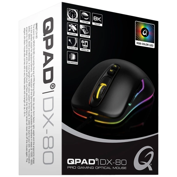QPAD DX80 Gaming-Maus USB Optisch Schwarz, RGB 7 Tasten 1000 dpi, 1600 dpi, 2400 dpi, 3200 dpi, 5000 dpi, 8000 dpi Beleuchtet QPAD DX80 Gaming-Maus USB Optisch Schwarz, RGB 7 Tasten 1000 dpi, 1600 dpi, 2400 dpi, 3200 dpi, 5000 dpi, 8000 dpi Beleuchtet