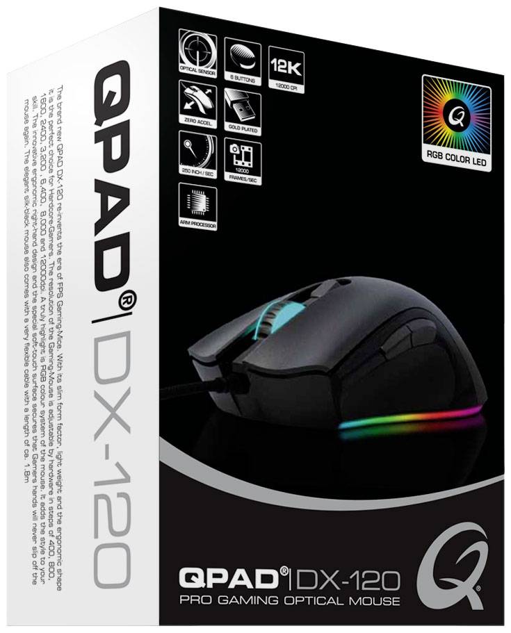 QPAD DX120 Gaming-Maus USB Optisch Schwarz, RGB 6 Tasten 12000 dpi Beleuchtet