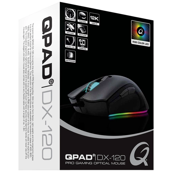 QPAD DX120 Gaming-Maus USB Optisch Schwarz, RGB 6 Tasten 12000 dpi Beleuchtet QPAD DX120 Gaming-Maus USB Optisch Schwarz, RGB 6 Tasten 12000 dpi Beleuchtet