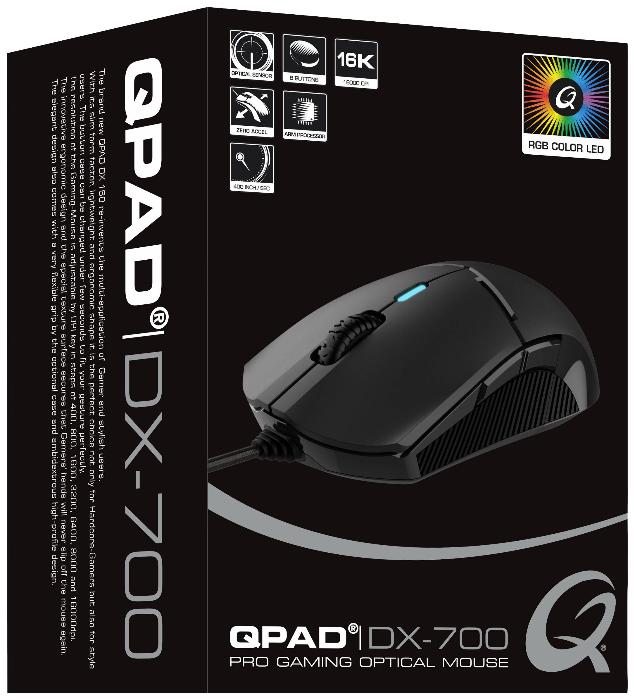 QPAD Qpad DX700 Gaming-Maus USB Optisch Schwarz, RGB 8 Tasten 400 dpi, 800 dpi, 1600 dpi, 3200 dpi, 6400 dpi, 8000 dpi, 16000 dpi Beleuchtet