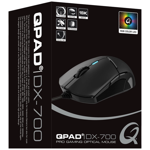 QPAD Qpad DX700 Gaming-Maus USB Optisch Schwarz, RGB 8 Tasten 400 dpi, 800 dpi, 1600 dpi, 3200 dpi, 6400 dpi, 8000 dpi, 16000 dpi Beleuchtet QPAD Qpad DX700 Gaming-Maus USB Optisch Schwarz, RGB 8 Tasten 400 dpi, 800 dpi, 1600 dpi, 3200 dpi, 6400 dpi, 8000 dpi, 16000 dpi Beleuchtet