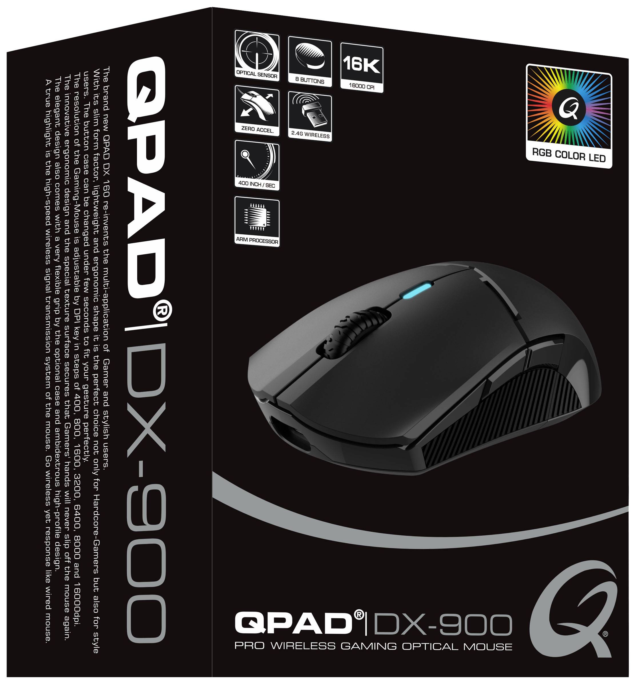 QPAD DX900 Gaming-Maus Funk Optisch Schwarz, RGB 8 Tasten 16000 dpi Beleuchtet