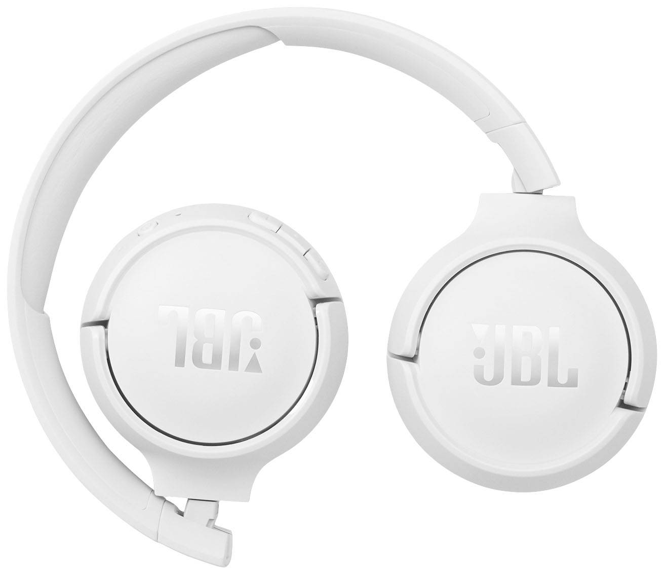 Weiße, faltbare Over-Ear-Kopfhörer mit 'JBL'-Logo auf den Ohrmuscheln.
