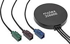 Drei farbcodierte Steckerverbindungen – grün, kastanienbraun und blau – neben einem schwarzen runden Molex-Modul 208886 mit angeschlossenen Drähten.