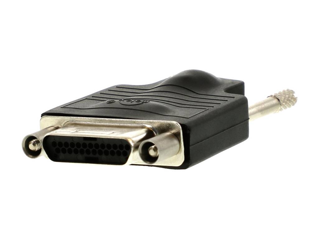 DVI-Stecker mit rechteckiger Form und mehreren Pins, schwarzer Kunststoffgriff, geeignet für Videoverbindungen.