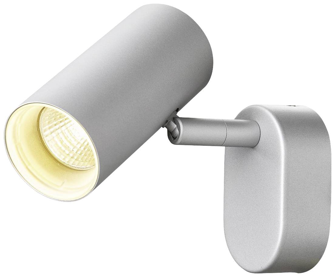 Silberne, zylindrische Wandlampe mit verstellbarem Arm und warmweißem Licht, geeignet für gezielte Beleuchtung in Innenräumen.